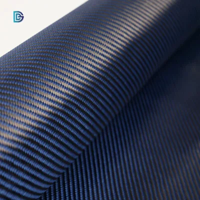 China Factory Blue 3K 1500d 200GSM Carbono coloreado Kevlar Aramid Plain Twill Jacquard Kevlar-Carbon Hybrid Fabric